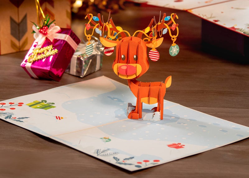 Paper Love 3D Reindeer Pop Up Christmas Card, Gift for Christmas or Holidays, 5" x 7" Cover - Includes Envelope and Removable Note Tag - Image 3